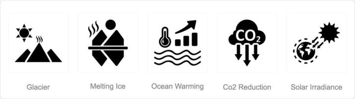 A set of 5 climate change icons as glacier, melting ice, ocean warming vector