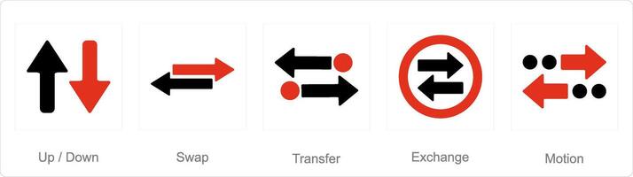 A set of 5 arrows icons as up down, swap, transfer vector