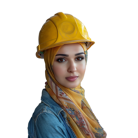 AI generated Confident female engineer with yellow hardhat on transparent background png