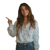 ai generado sonriente joven mujer señalando a el lado en un transparente antecedentes png