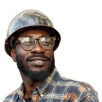 AI generated Smiling construction worker with safety helmet on transparent background png