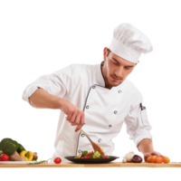 ai généré professionnel chef en train de préparer une salade sur une transparent Contexte png