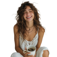 ai généré content Jeune femme profiter café avec une sourire png