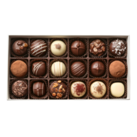 ai generado clasificado chocolate trufas en un caja en transparente antecedentes png