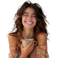 ai généré joyeux femme avec une café agresser sur une transparent Contexte png