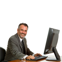 AI generated Smiling businessman at computer on transparent background png