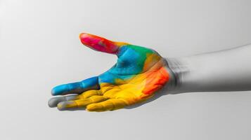 AI generated Colorful Painted Hand on White Background in Helping Gesture photo