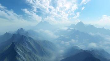 AI generated Misty Mountain Range with Dramatic Peaks and Morning Clouds photo