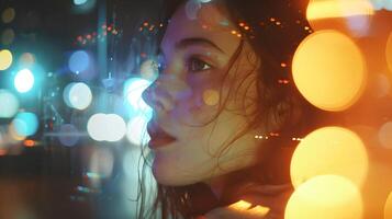 AI generated Dreamy Portrait of a Young Woman with Glowing Bokeh Lights photo