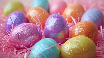 ai generado vistoso reluciente Pascua de Resurrección huevos en un rosado antecedentes foto