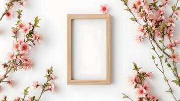 AI generated Minimalist Frame Mockup with Cherry Blossoms and Shadow Play on White Background photo