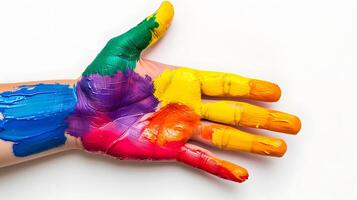 AI generated Colorful Painted Hand on White Background in Helping Gesture photo