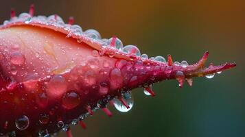 ai generado Rocío gotas en Rosa espina macro fotografía con borroso antecedentes foto