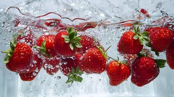 ai generado Fresco fresas salpicaduras dentro cristal claro agua foto