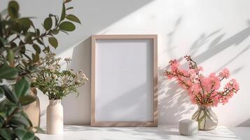 AI generated Minimalist Frame Mockup with Cherry Blossoms and Shadow Play on White Background photo