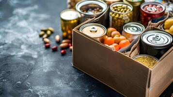 ai generado un cartulina caja lleno con comida y otro artículos foto