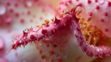 AI generated Abstract Macro View of Rose Thorns and Dew Drops with Soft Pink Background photo