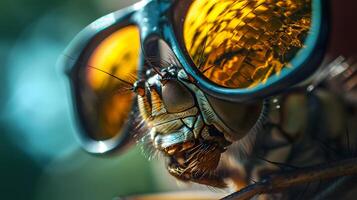 ai generado macro Disparo de mosca en Gafas de sol con dorado reflexión foto