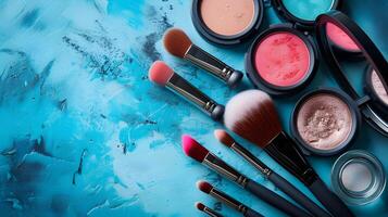 ai generado maquillaje cepillos y productos cosméticos en un azul antecedentes foto