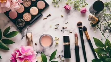 AI generated makeup products on a marble surface with flowers photo