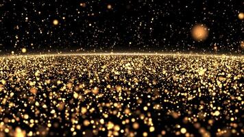 abstract achtergrond met gloeiend gouden deeltjes vormen een oppervlak. helder schitteren deeltjes en mooi bokeh vlieg en stijgen omhoog. naadloos lus abstract achtergrond video