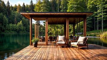 AI generated Lakeside wooden deck with serene forest and tranquil water view photo