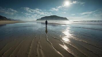 AI generated A Lone Figure Walks Along a Serene Beach with Sun Glistening on Wet Sand photo