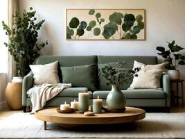 AI generated Modern Cozy Living Room with Green Sofa and Decorative Plants photo