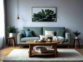 ai generado moderno vivo habitación con elegante verde sofá y de madera acentos foto