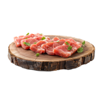 AI generated Fresh raw pork slices on rustic wooden board png