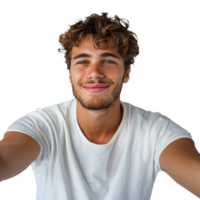 ai généré Jeune homme avec une décontractée sourire et blanc T-shirt png