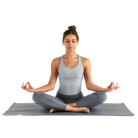 ai generiert Frau üben Meditation auf ein Yoga Matte mit ein transparent Hintergrund png