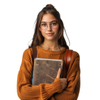 ai généré souriant Jeune femme avec des lunettes en portant une livre png