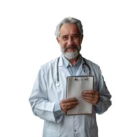 ai généré Sénior Masculin médecin en portant presse-papiers sur transparent Contexte png