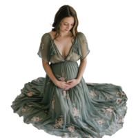 AI generated Elegant pregnant woman in a floral dress with a transparent background png