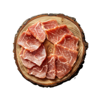 ai generato affettato prosciutto su un' rustico di legno tavola isolato png