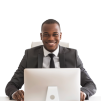 AI generated Professional businessman smiling behind computer with transparent background png