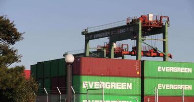 Containers and cranes near the port in Aomi Tokyo telephoto shot video