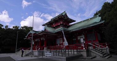 Main temple at Tomioka Shrine wide shot handheld video