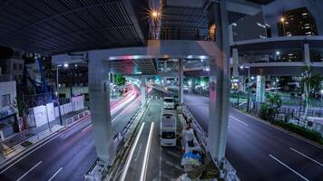 A night timelapse of the traffic jam at the urban street in Tokyo fish eye shot video