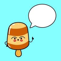 Ice cream with speech bubble. Vector hand drawn cartoon kawaii character illustration icon. Isolated on blue background. Ice cream character concept