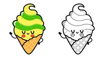 Funny cute happy Ice cream characters bundle set. Vector hand drawn cartoon kawaii character illustration icon. Cute Ice cream. Outline cartoon illustration for coloring book