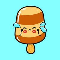 Crying Ice cream character. Vector hand drawn cartoon kawaii character illustration icon. Isolated on blue background. Sad Ice cream character concept