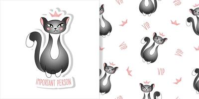 Set of card and seamless pattern with cute grey cat on white background. Qween, princess cat, very important person. Vector illustration for children.