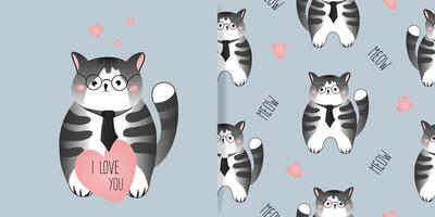 Set of card and seamless pattern with grey striped cat on grey-green background. Vector illustration for children, fabric.