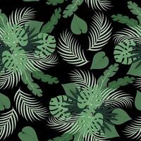 Seamless pattern with hand drawn tropical monstera and palm leaves on black background. vector