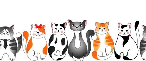 Seamless border pattern with cute red and grey cats on white background. Vector illustration for children.