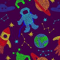 Seamless pattern with hand drawn stars, flying sauer, planet, mars rover, roket, earth planet,constellations on purple background in childrens naive slyle. vector