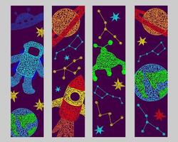 Set bookmarks with hand drawn stars, flying sauer, planet, mars rover, rocket, earth planet,constellations on purple background in childrens naive style. vector