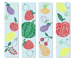 Set bookmarks with hand drawn watermelon, cherry, apple, pear, lemon, strawberry, eggplant, currant, onion on blue background in childrens naive style. vector